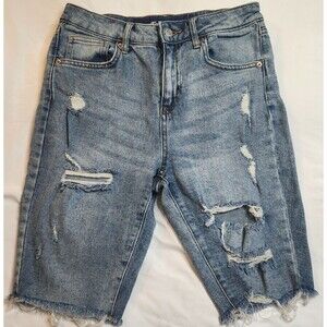 High Rise Ripped Distressed Denim Bermuda Shorts Jorts Medium Wash Summer - 2